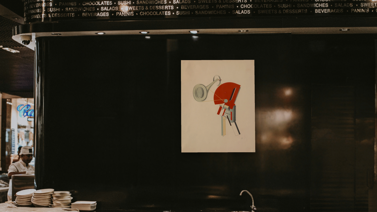 Radio Announcer by El Lissitzky, shown at 32 × 40 in (81.3 × 101.6 cm) as gallery-wrapped canvas, restaurant