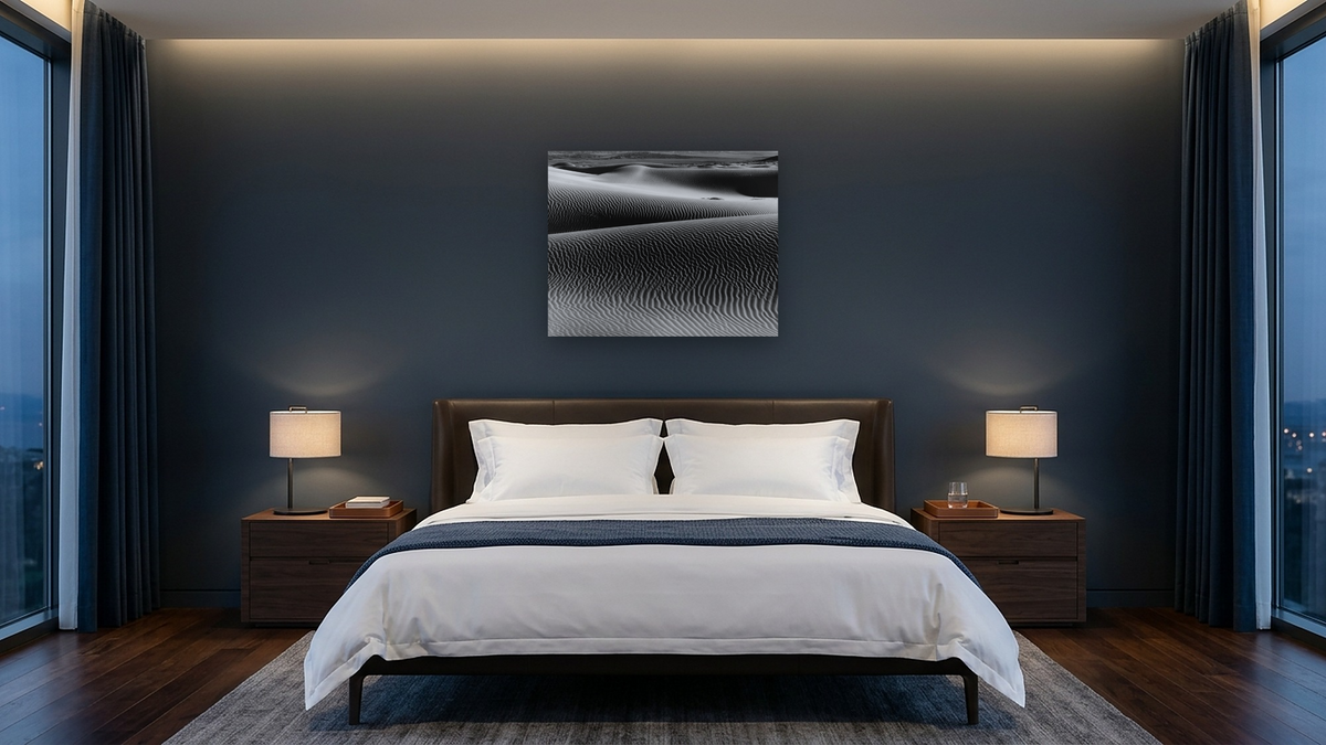 Sand Dune #7 by Gordon Osmundson, shown at 32 × 40 in (81.3 × 101.6 cm) as gallery-wrapped canvas, hotel guest room