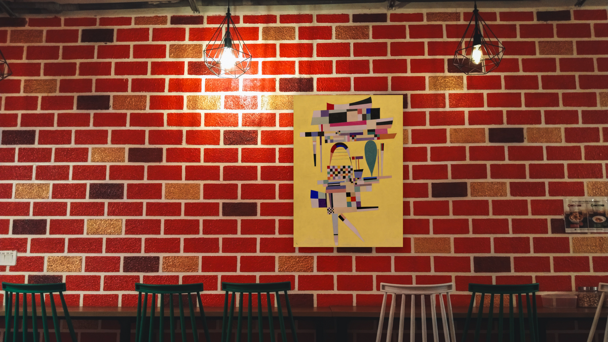 Yellow Painting, shown at 30 × 40 in (76.2 × 101.6 cm) as gallery-wrapped canvas, restaurant
