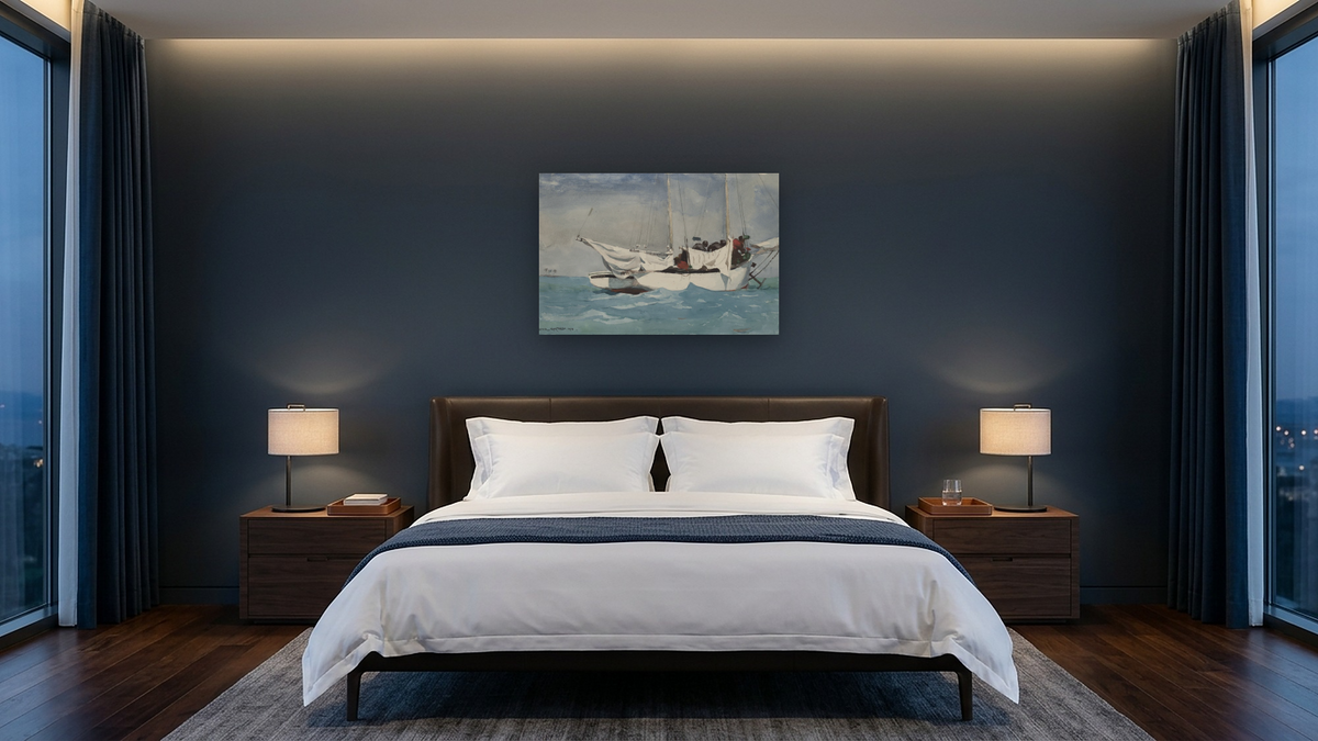 Key West, Hauling Anchor by Winslow Homer, shown at 28 × 42 in (71.1 × 106.7 cm) as gallery-wrapped canvas, hotel guest room