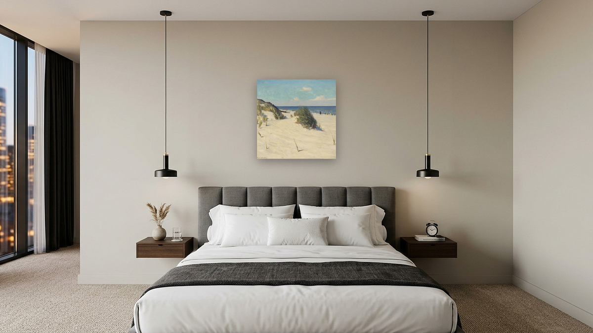 Across Sunny Sands by Frank V. Dudley, shown at 32 × 32 in (81.3 × 81.3 cm) as gallery-wrapped canvas, hotel guest room