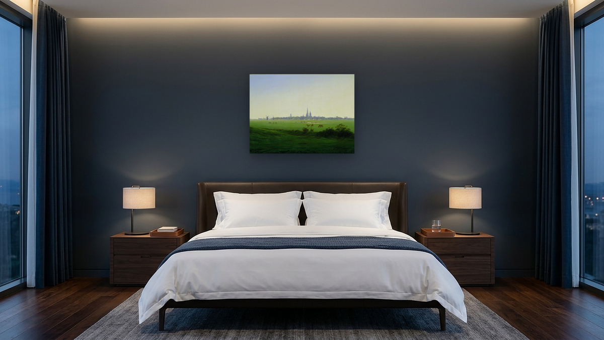 Meadows near Greifswald (oil on canvas) by Caspar David Friedrich, shown at 30 × 40 in (76.2 × 101.6 cm) as gallery-wrapped canvas, hotel guest room