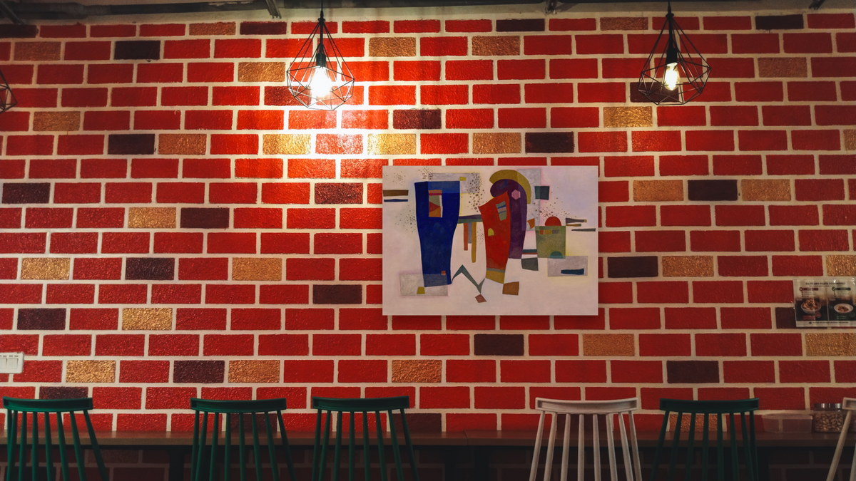 Accompanied Contrast, shown at 28 × 42 in (71.1 × 106.7 cm) as gallery-wrapped canvas, restaurant