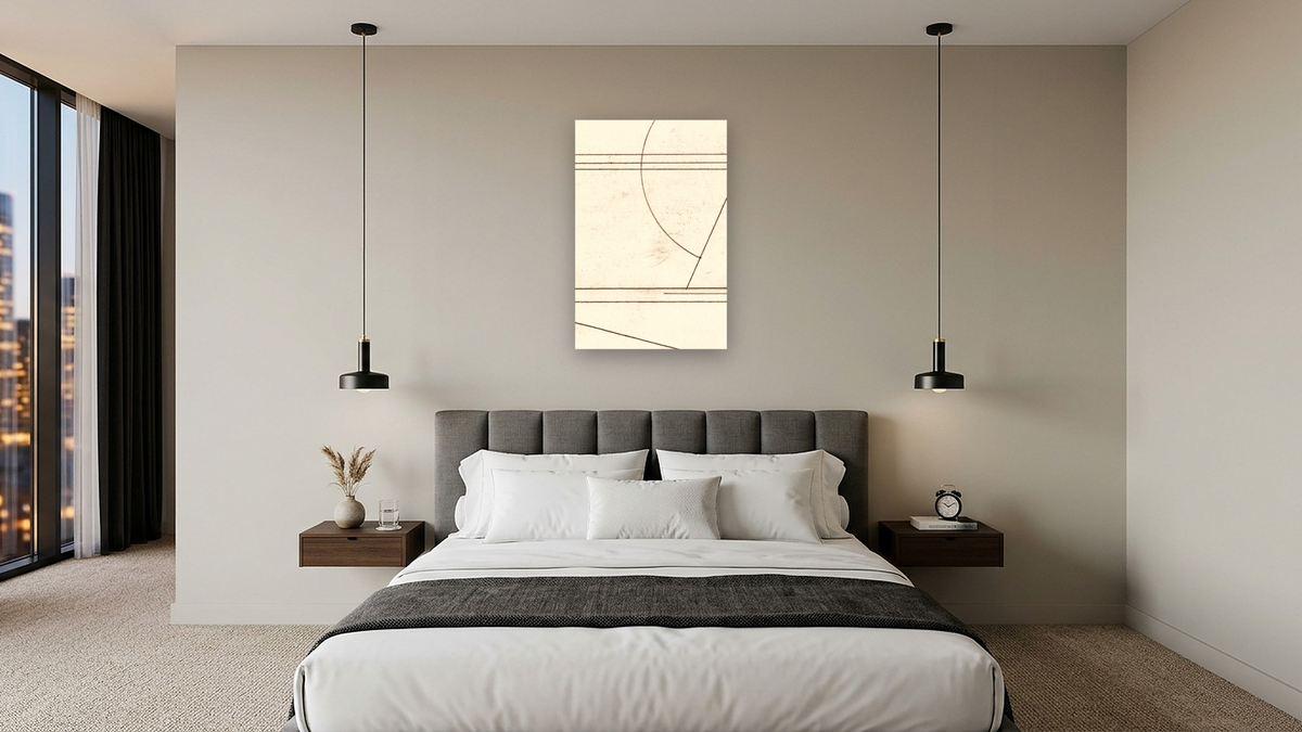 Min Mod 1 by Dan Hobday, shown at 28 × 42 in (71.1 × 106.7 cm) as gallery-wrapped canvas, hotel guest room