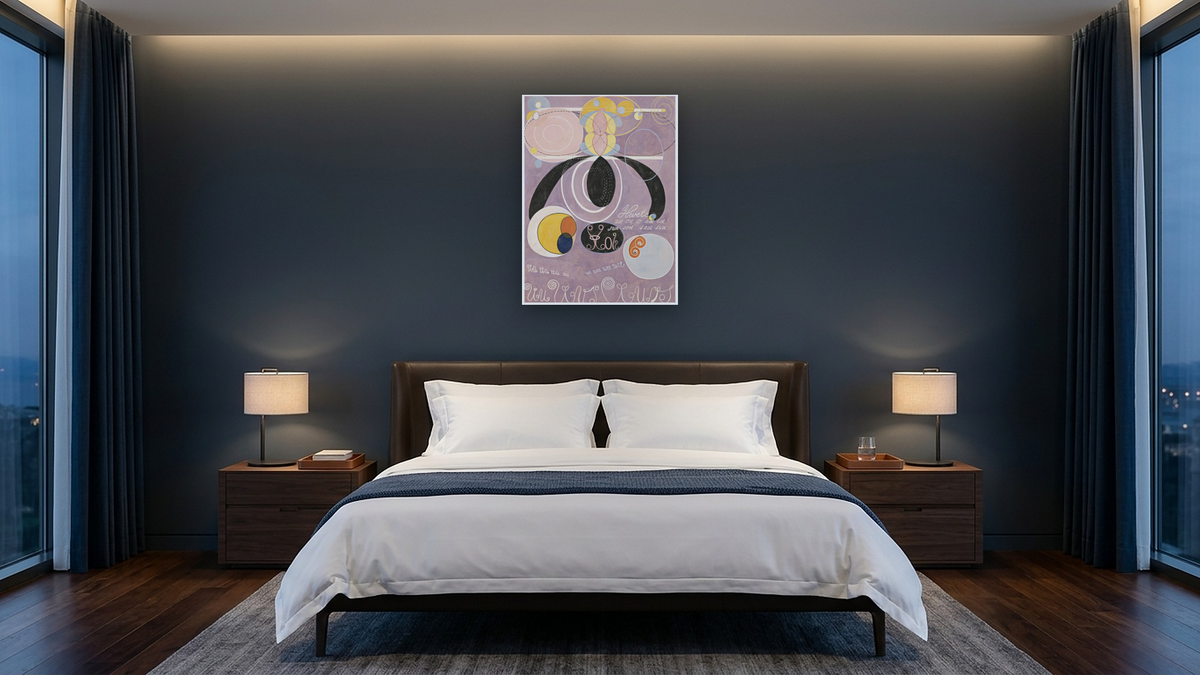 Group IV, The Ten Largest, No. 6, Adulthood by Hilma af Klint, shown at 30 × 40 in (76.2 × 101.6 cm) as gallery-wrapped canvas, hotel guest room