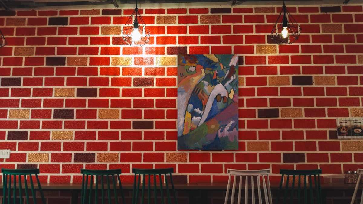 Improvisation No. 7 (Storm) by Wassily Kandinsky, shown at 28 × 42 in (71.1 × 106.7 cm) as gallery-wrapped canvas, restaurant