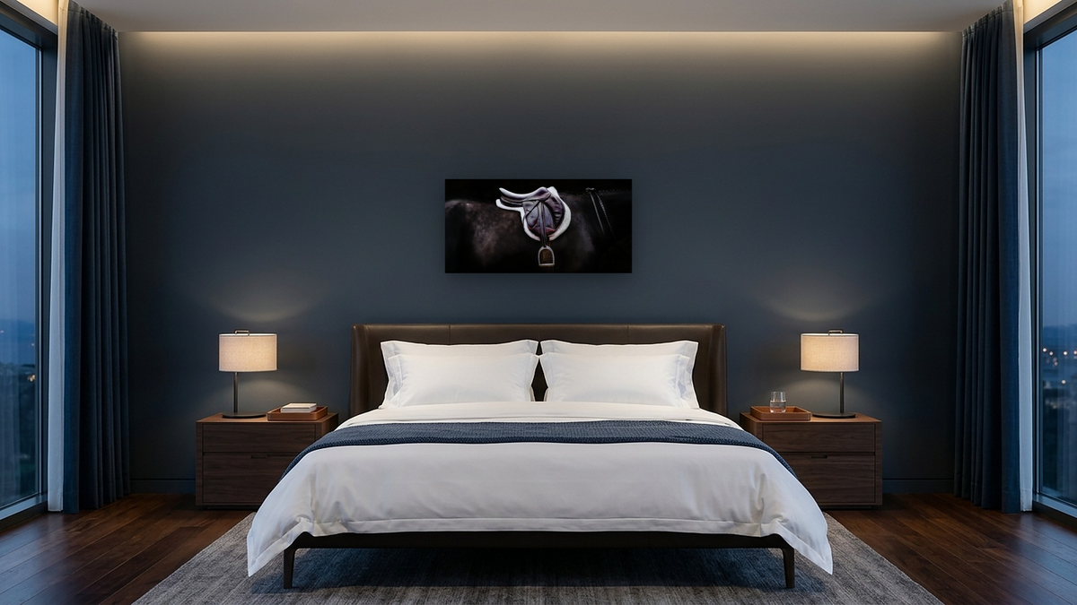 Tacked 84 by Brandon Luther, shown at 20 × 40 in (50.8 × 101.6 cm) as gallery-wrapped canvas, hotel guest room