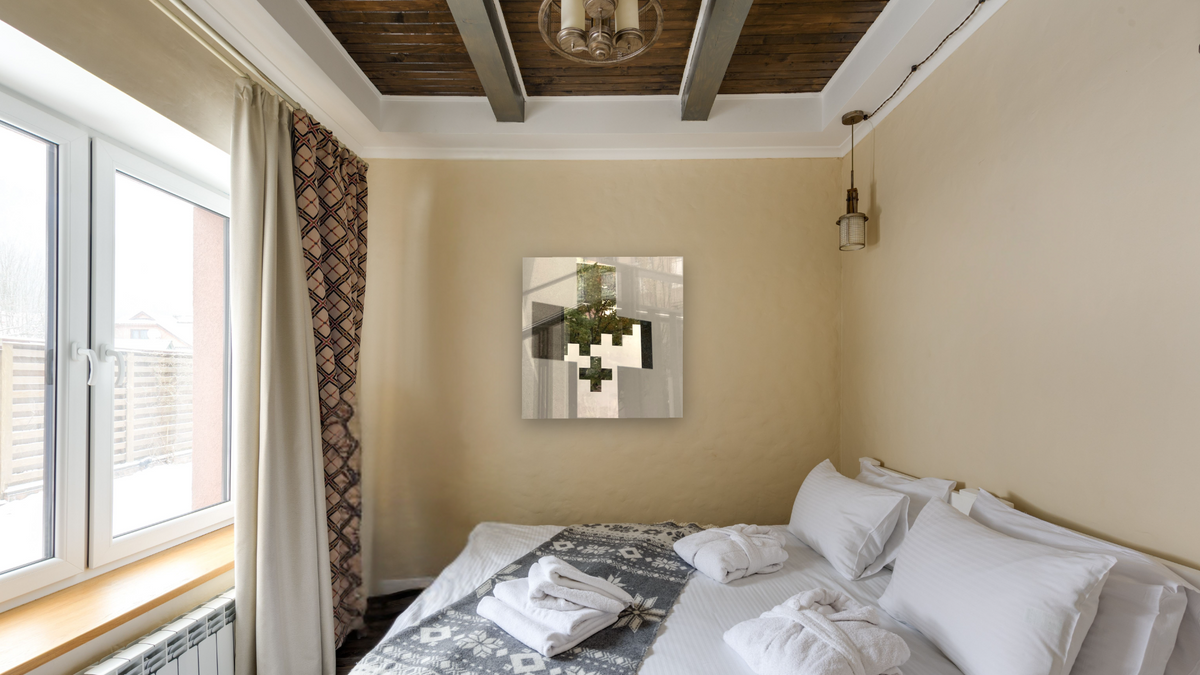 Grace by Judith Rayl, shown at 32 × 32 in (81.3 × 81.3 cm) as gallery-wrapped canvas, hotel guest room