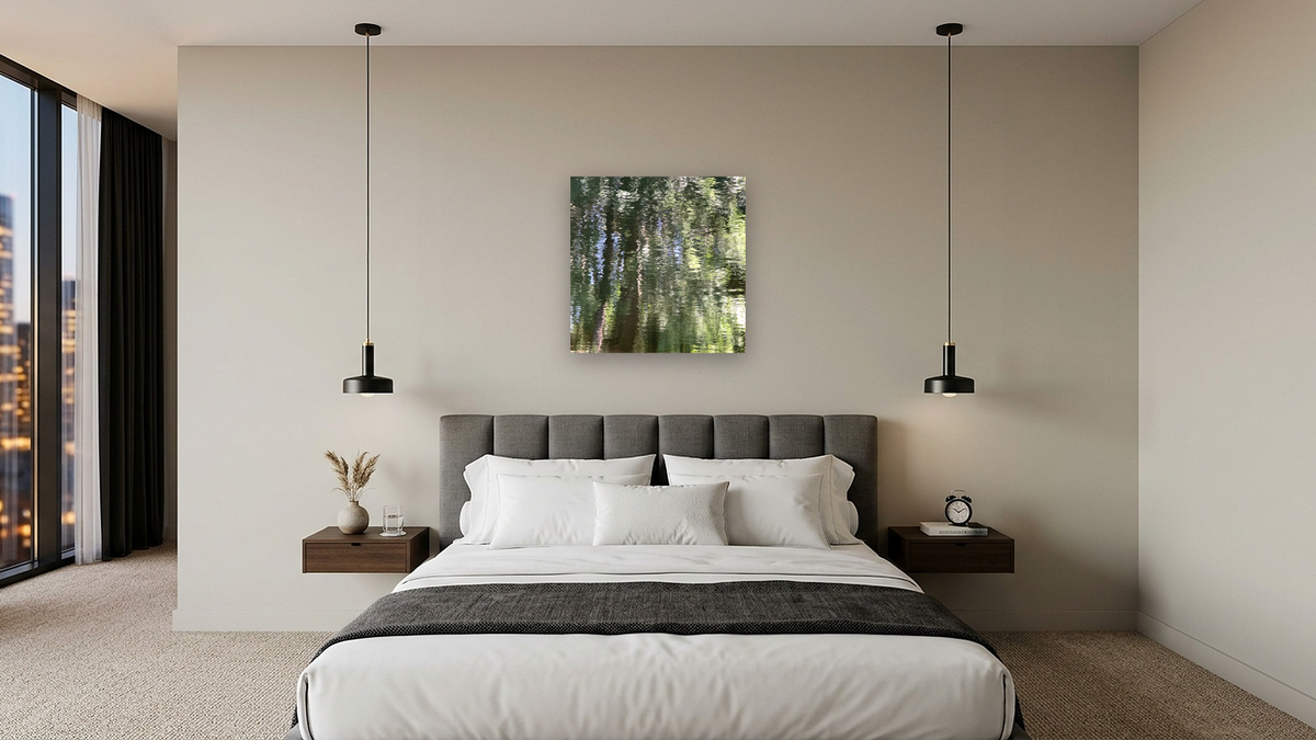 I'd Fly Over the Sea by Judith Rayl, shown at 32 × 32 in (81.3 × 81.3 cm) as gallery-wrapped canvas, hotel guest room