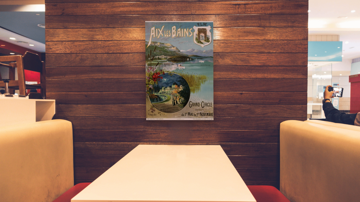 Aix Les Bains Poster by Hugo d'Alesi, shown at 28 × 42 in (71.1 × 106.7 cm) as gallery-wrapped canvas, restaurant