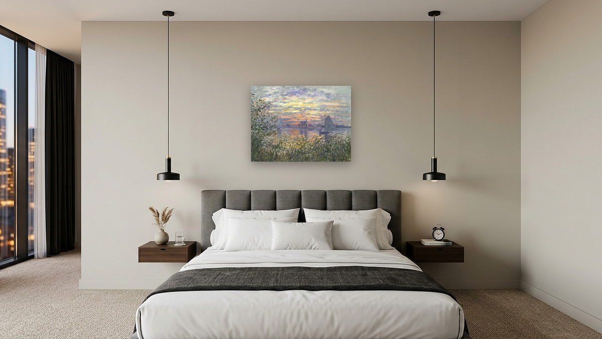 Marine View with a Sunset by Claude Monet, shown at 30 × 40 in (76.2 × 101.6 cm) as gallery-wrapped canvas, hotel guest room