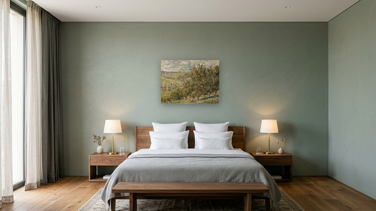 Apple Blossom by Claude Monet, shown at 30 × 40 in (76.2 × 101.6 cm) as gallery-wrapped canvas, hotel guest room