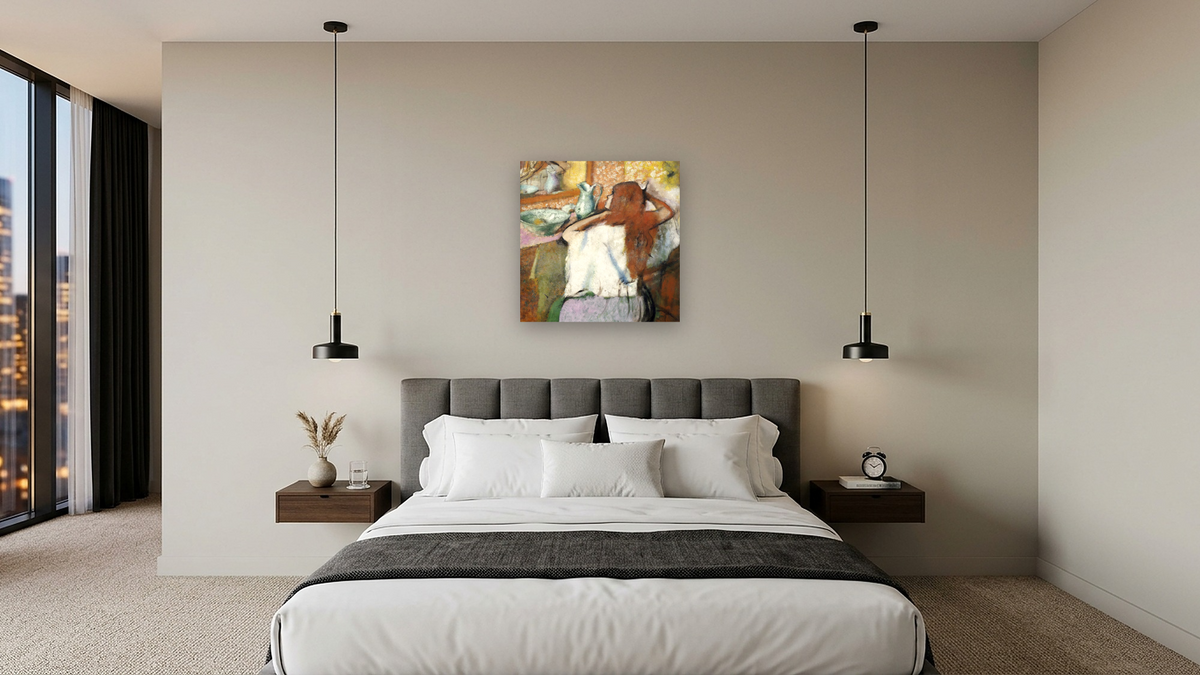 Woman at Her Toilet by Edgar Degas, shown at 32 × 32 in (81.3 × 81.3 cm) as gallery-wrapped canvas, hotel guest room