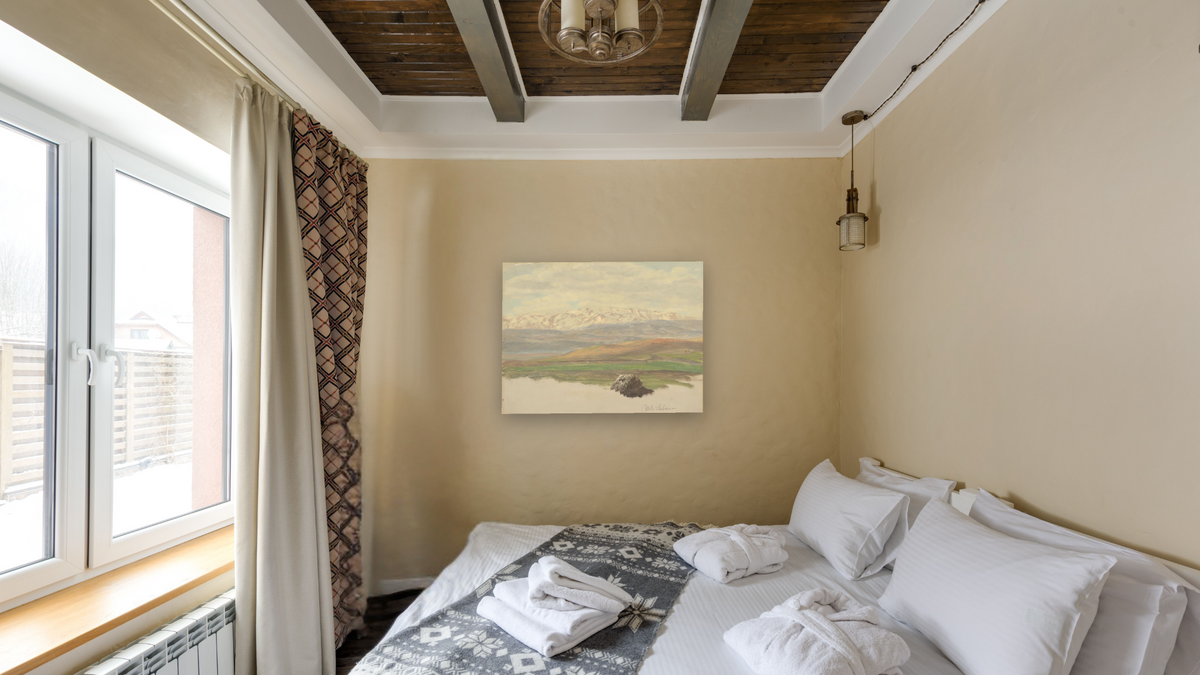 Mount Lebanon by Frederic Edwin Church, shown at 30 × 40 in (76.2 × 101.6 cm) as gallery-wrapped canvas, hotel guest room