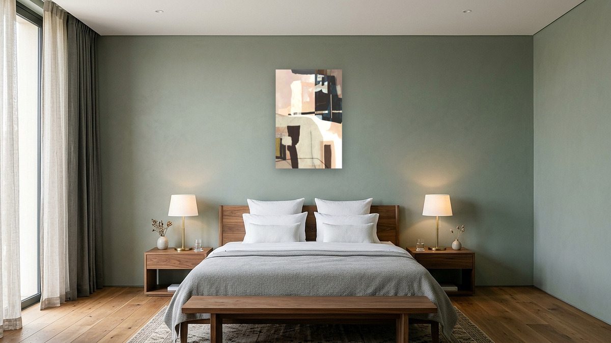 Automate by Dan Hobday, shown at 28 × 42 in (71.1 × 106.7 cm) as gallery-wrapped canvas, hotel guest room