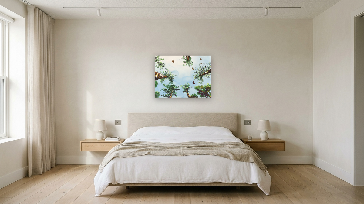 Monarch Migration by Alexis Rockman, shown at 30 × 40 in (76.2 × 101.6 cm) as gallery-wrapped canvas, hotel guest room