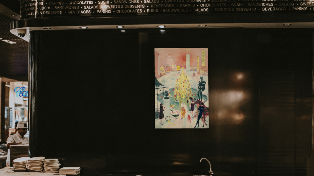 Christmas by Florine Stettheimer, shown at 28 × 42 in (71.1 × 106.7 cm) as gallery-wrapped canvas, restaurant