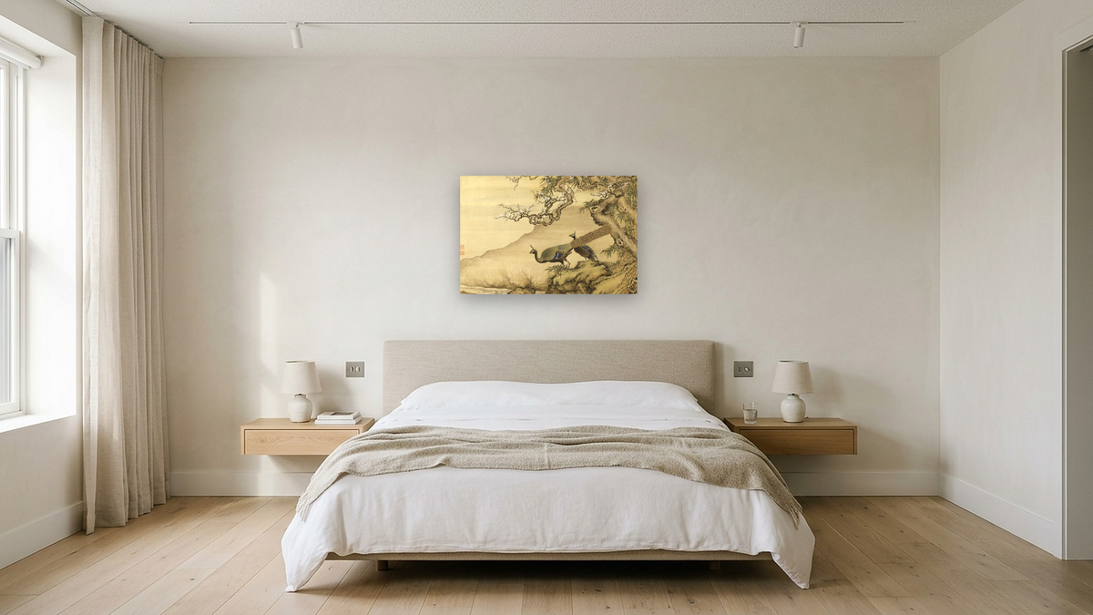 Album of Birds and Animals (Peacocks) by Shen Nanpin, shown at 28 × 42 in (71.1 × 106.7 cm) as gallery-wrapped canvas, hotel guest room