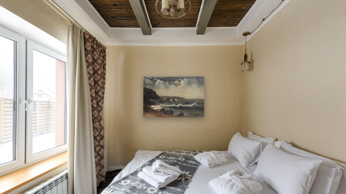The Golden Gate by Albert Bierstadt, shown at 28 × 42 in (71.1 × 106.7 cm) as gallery-wrapped canvas, hotel guest room