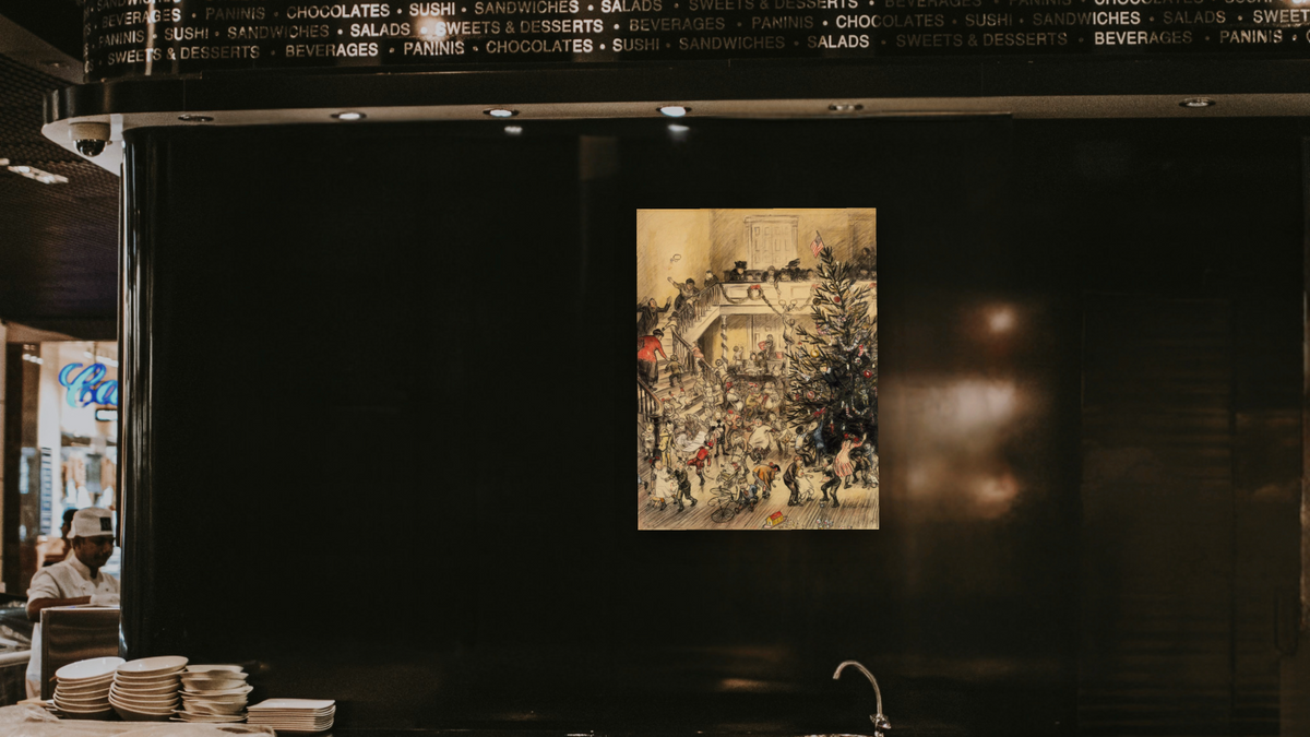 Yuletide Revel by William James Glackens, shown at 30 × 40 in (76.2 × 101.6 cm) as gallery-wrapped canvas, restaurant