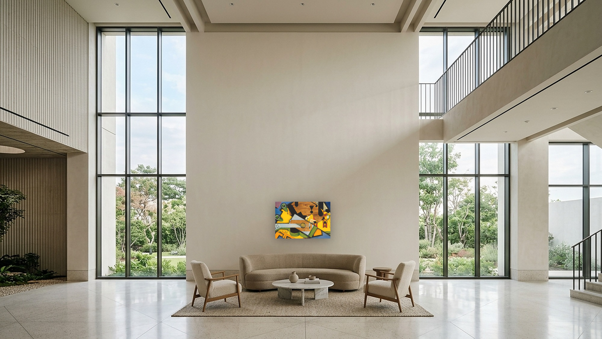 Still Life with a Guitar by Juan Gris, shown at 28 × 42 in (71.1 × 106.7 cm) as gallery-wrapped canvas, hotel lobby