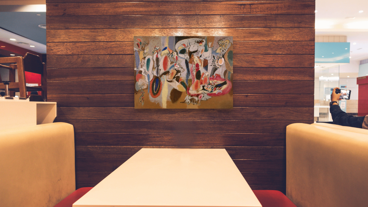 The Liver is the Cocks Comb by Arshile Gorky, shown at 30 × 40 in (76.2 × 101.6 cm) as gallery-wrapped canvas, restaurant