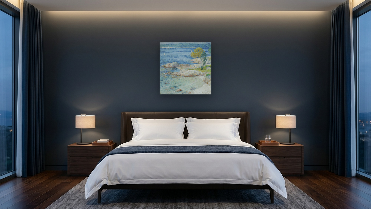 The Outer Harbour by Childe Hassam, shown at 32 × 32 in (81.3 × 81.3 cm) as gallery-wrapped canvas, hotel guest room