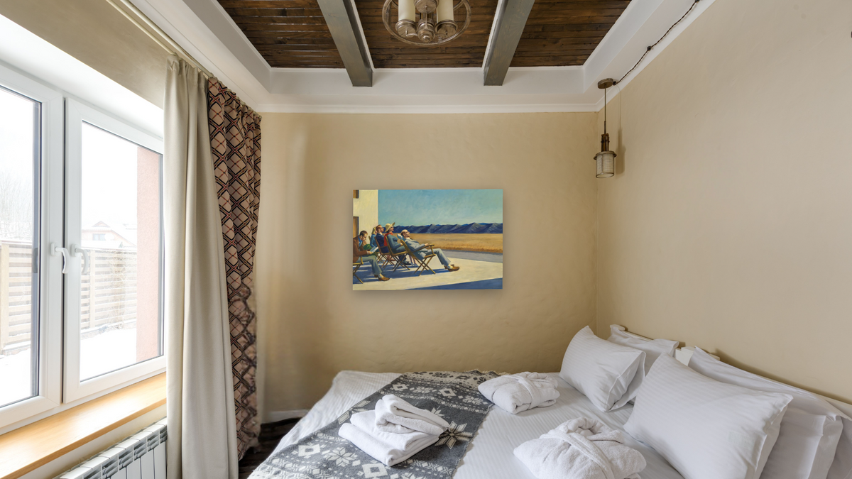 People in the Sun by Edward Hopper, shown at 28 × 42 in (71.1 × 106.7 cm) as gallery-wrapped canvas, hotel guest room