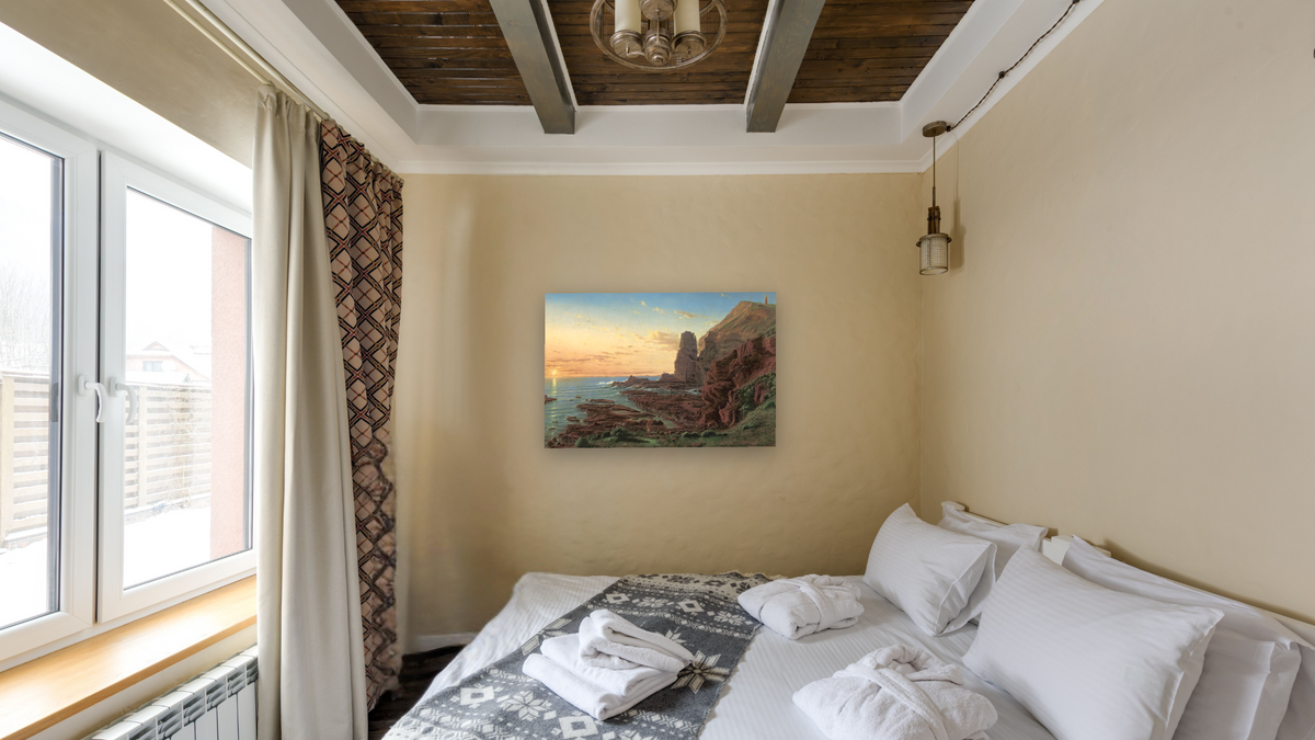 Castle Rock, Cape Schanck, shown at 28 × 42 in (71.1 × 106.7 cm) as gallery-wrapped canvas, hotel guest room