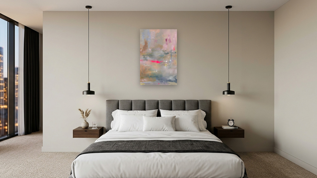 If You Saw You, The Way I See You, shown at 28 × 42 in (71.1 × 106.7 cm) as gallery-wrapped canvas, hotel guest room