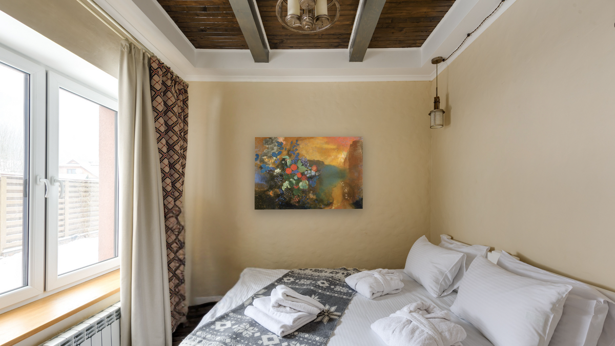 Ophelia Among the Flowers by Odilon Redon, shown at 28 × 42 in (71.1 × 106.7 cm) as gallery-wrapped canvas, hotel guest room