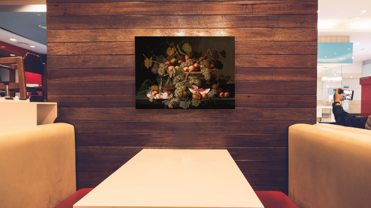 Still Life with Fruit by Severin Roesen, shown at 30 × 40 in (76.2 × 101.6 cm) as gallery-wrapped canvas, restaurant