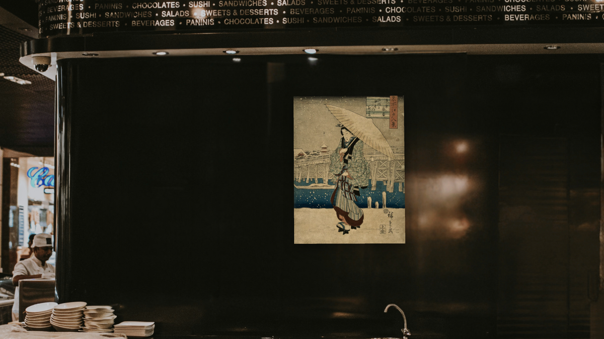 Eight Views of Edo, Evening Snow at Asakusa, date unknown by Andō Hiroshige, shown at 30 × 40 in (76.2 × 101.6 cm) as gallery-wrapped canvas, restaurant