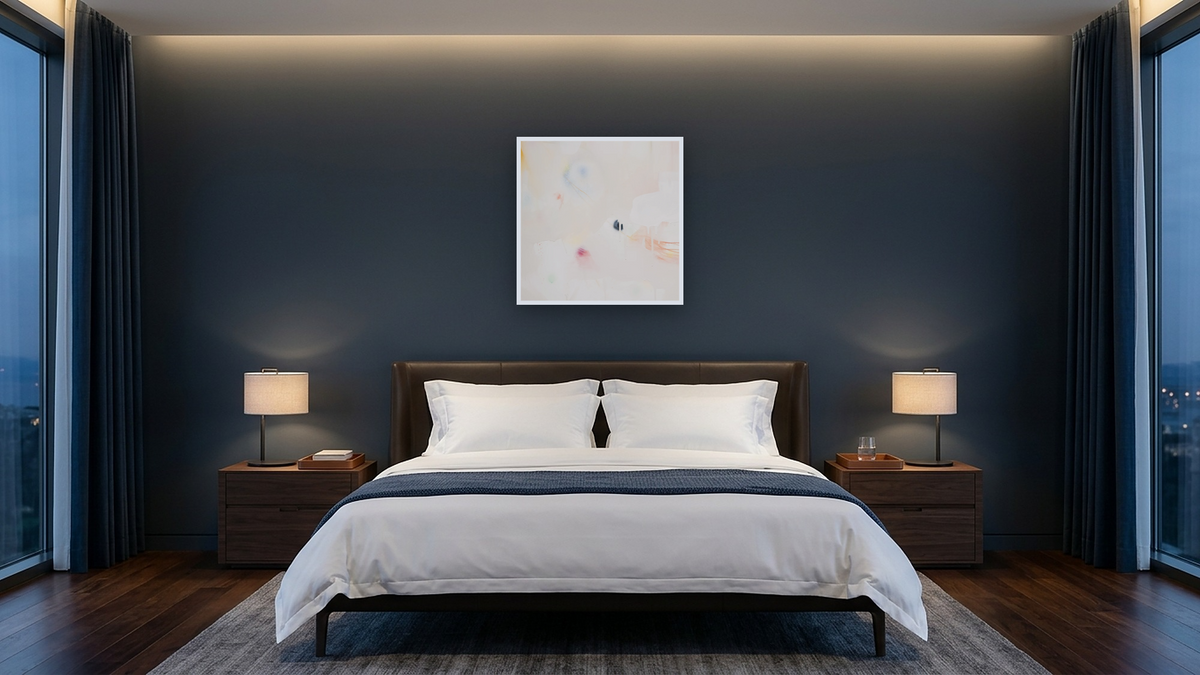 Snack 3 by Nino Yuniardi, shown at 32 × 32 in (81.3 × 81.3 cm) as gallery-wrapped canvas, hotel guest room