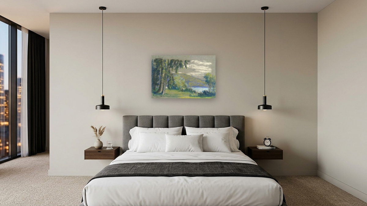 Landscape from A.B. Davies book, edition #3/50 by Arthur Bowen Davies, shown at 28 × 42 in (71.1 × 106.7 cm) as gallery-wrapped canvas, hotel guest room