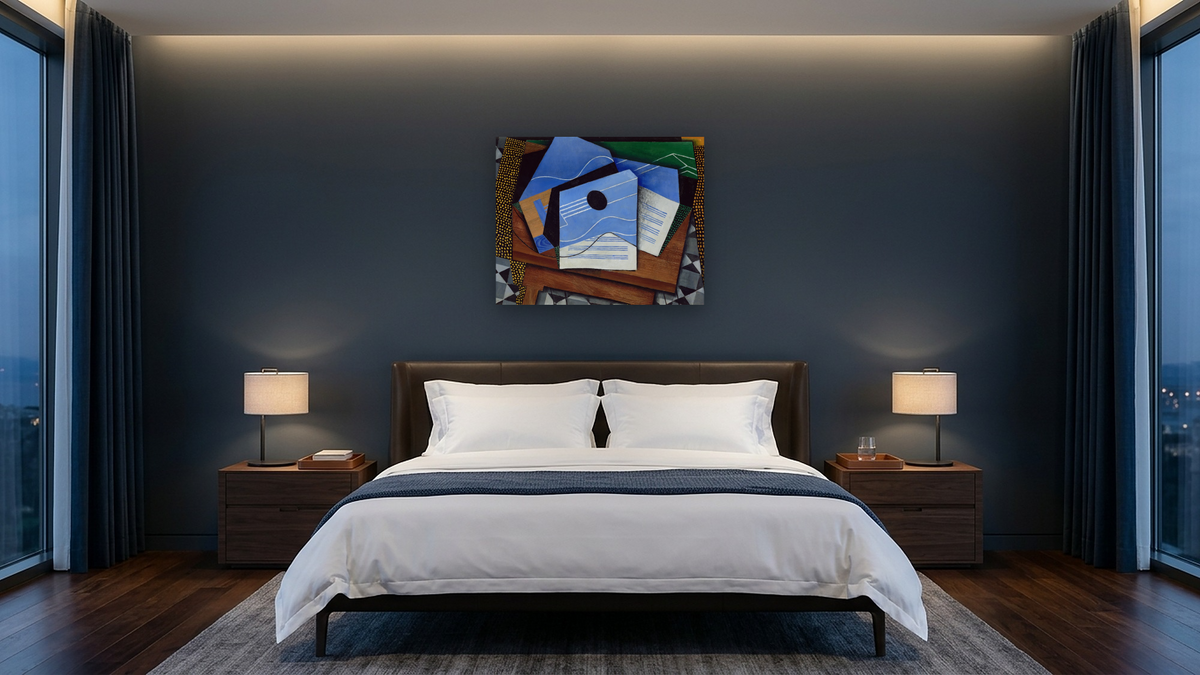 Guitar on a Table by Juan Gris, shown at 32 × 40 in (81.3 × 101.6 cm) as gallery-wrapped canvas, hotel guest room