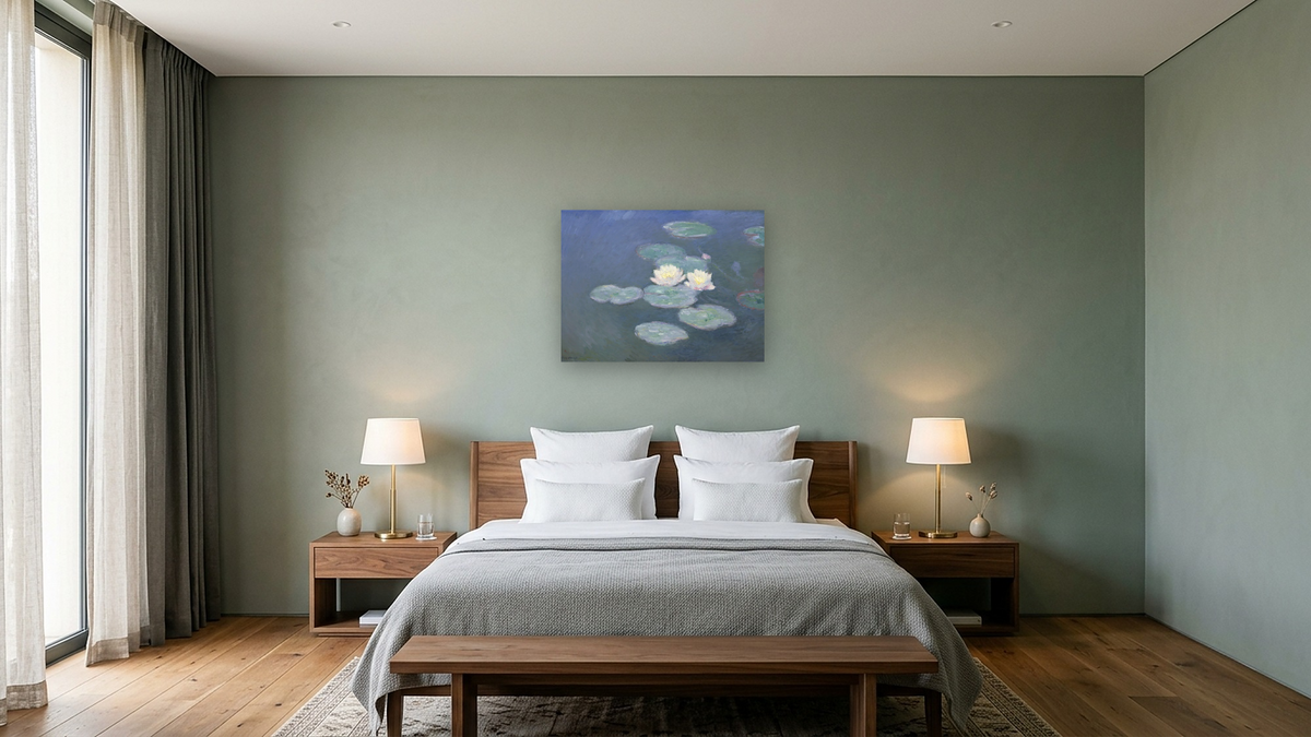 Waterlilies, Evening by Claude Monet, shown at 30 × 40 in (76.2 × 101.6 cm) as gallery-wrapped canvas, hotel guest room