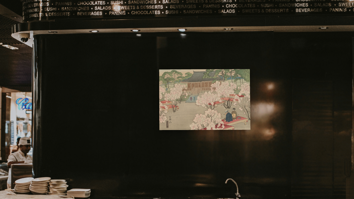 Cherry Blossoms at Omuro by Miki Suizan, shown at 28 × 42 in (71.1 × 106.7 cm) as gallery-wrapped canvas, restaurant