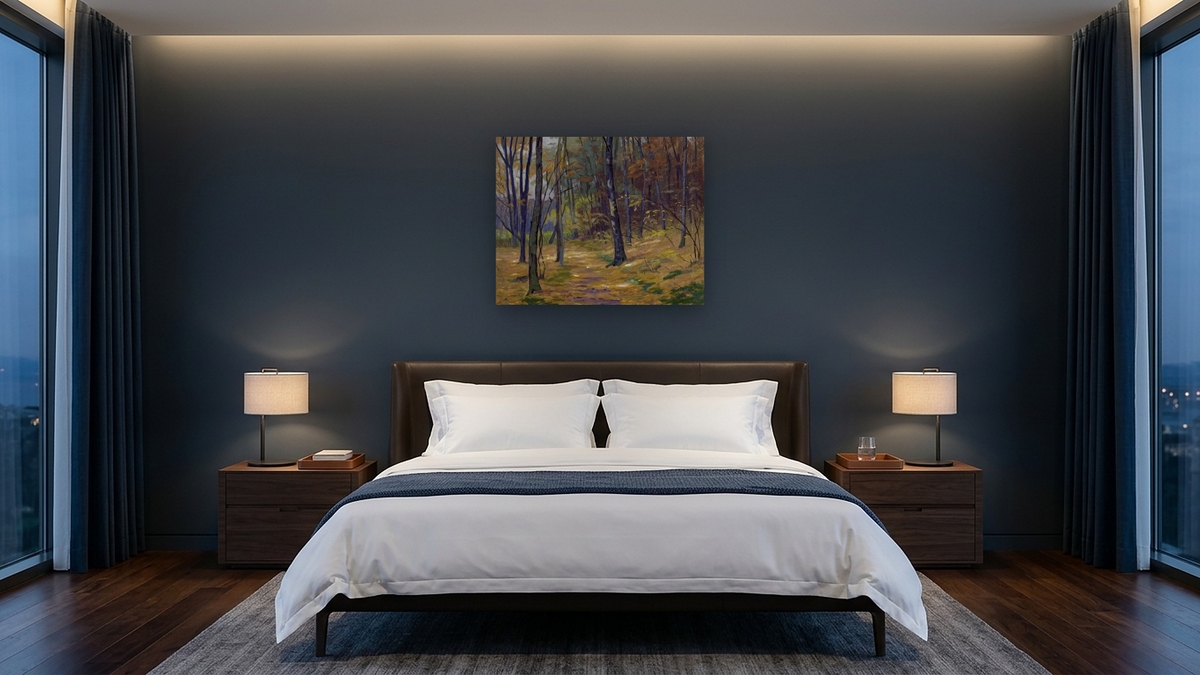 A Grey Day by Frank V. Dudley, shown at 32 × 40 in (81.3 × 101.6 cm) as gallery-wrapped canvas, hotel guest room