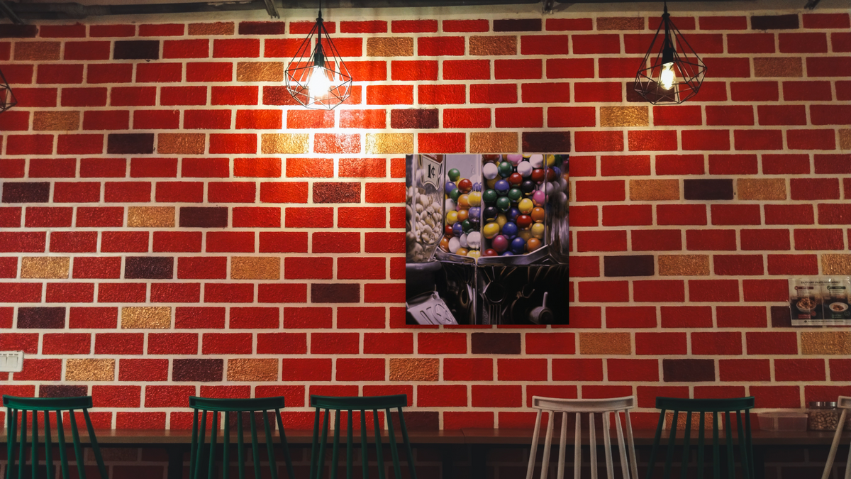 Gum Ball #8 by Charles Bell, shown at 32 × 32 in (81.3 × 81.3 cm) as gallery-wrapped canvas, restaurant