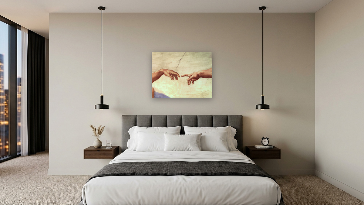 Hands of God and Adam, detail from The Creation of Adam, from the Sistine Ceiling (pre restoration) by Michelangelo Buonarroti, shown at 30 × 40 in (76.2 × 101.6 cm) as gallery-wrapped canvas, hotel guest room