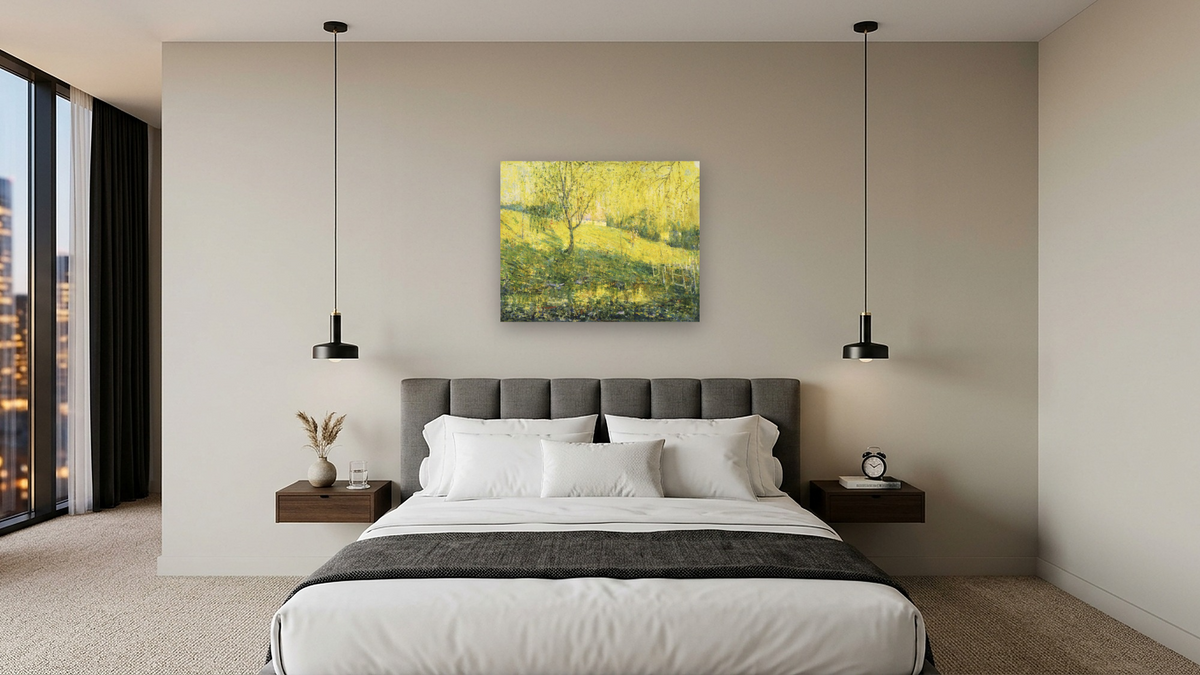 Spring by Ernest Lawson, shown at 32 × 40 in (81.3 × 101.6 cm) as gallery-wrapped canvas, hotel guest room