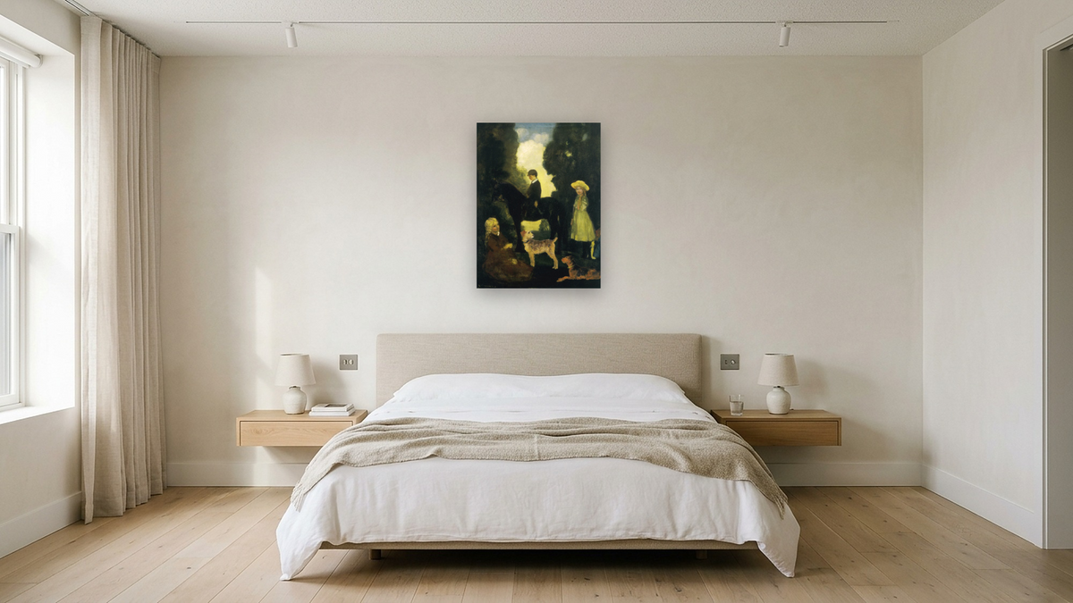 Children, Dogs and Pony by Arthur Bowen Davies, shown at 30 × 40 in (76.2 × 101.6 cm) as gallery-wrapped canvas, hotel guest room