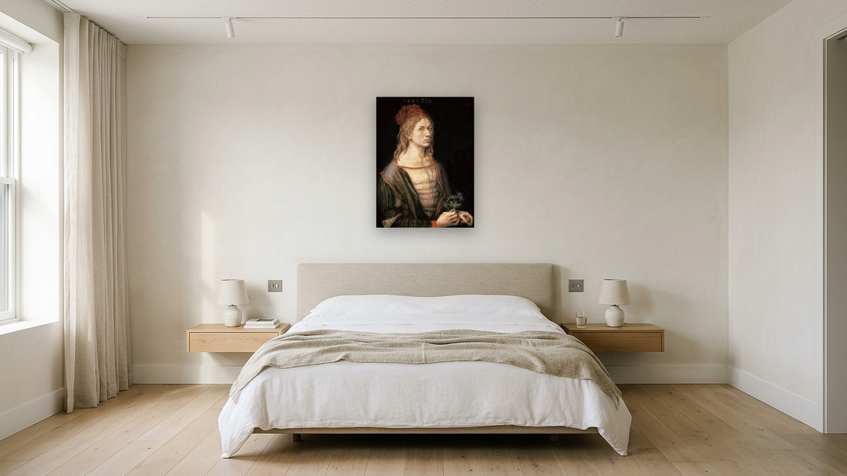 Self Portrait with a Thistle by Albrecht Dürer, shown at 30 × 40 in (76.2 × 101.6 cm) as gallery-wrapped canvas, hotel guest room