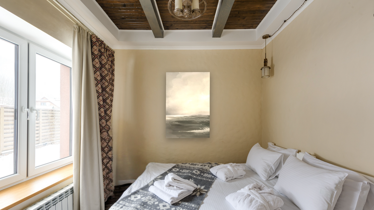 After The Storm 2 by Dan Hobday, shown at 28 × 42 in (71.1 × 106.7 cm) as gallery-wrapped canvas, hotel guest room