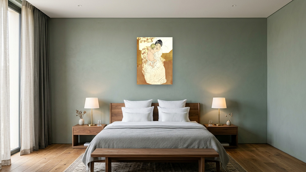 Maternal caress by Mary Cassatt, shown at 30 × 40 in (76.2 × 101.6 cm) as gallery-wrapped canvas, hotel guest room
