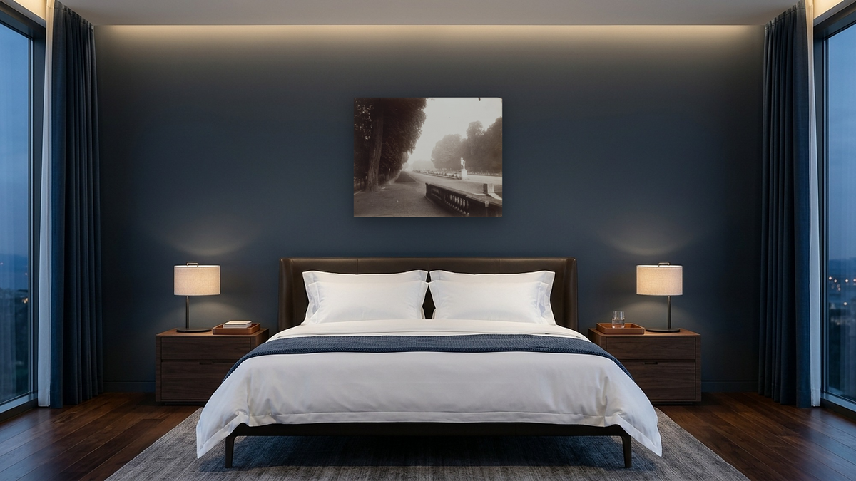Saint-Cloud by Eugène Atget, shown at 32 × 40 in (81.3 × 101.6 cm) as gallery-wrapped canvas, hotel guest room