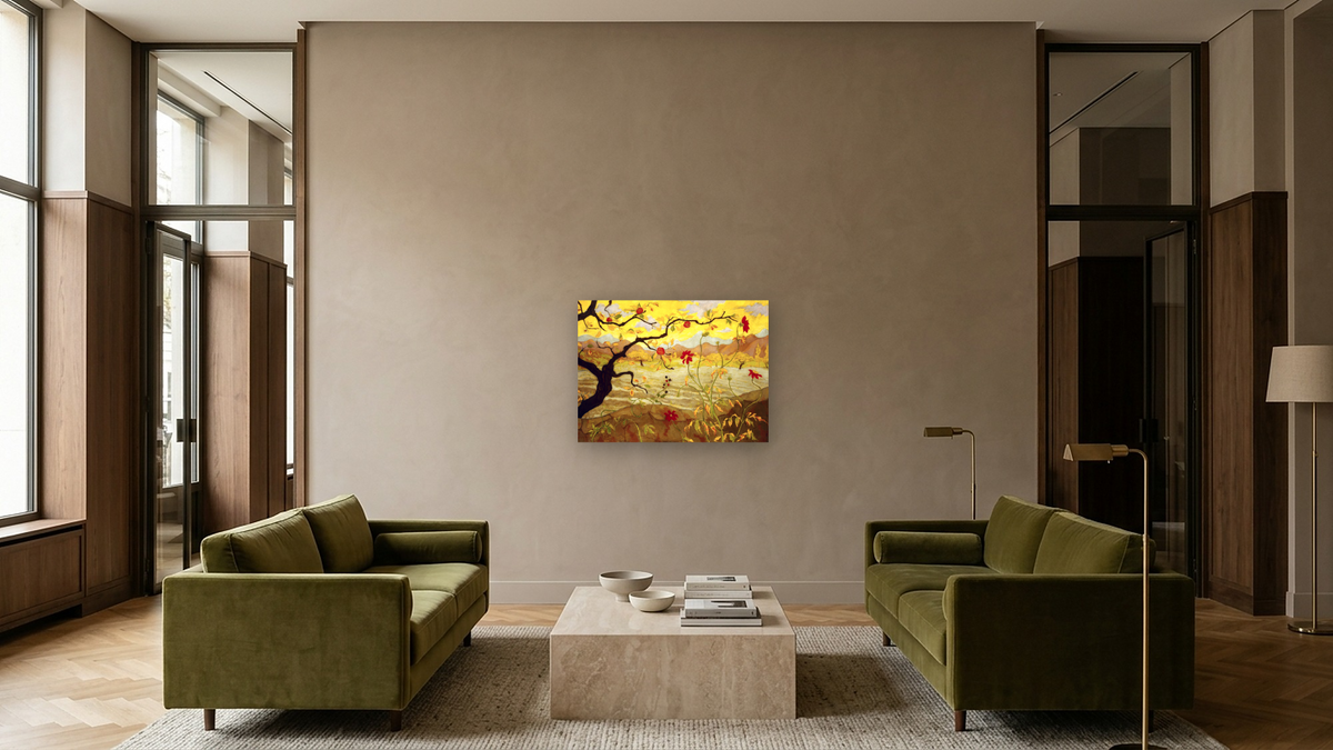 Apple Tree with Red Fruit by Paul Elie Ranson, shown at 30 × 40 in (76.2 × 101.6 cm) as gallery-wrapped canvas, hotel lobby