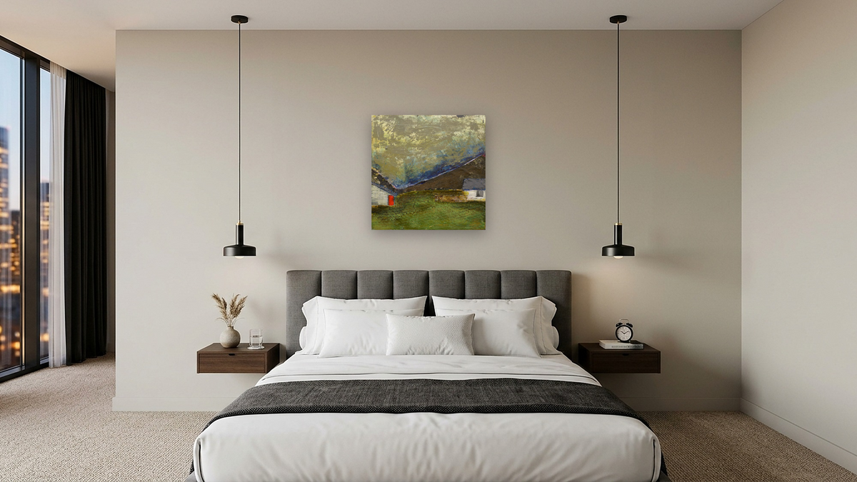 Dusk in Slieves League by Dobee Snowber, shown at 32 × 32 in (81.3 × 81.3 cm) as gallery-wrapped canvas, hotel guest room