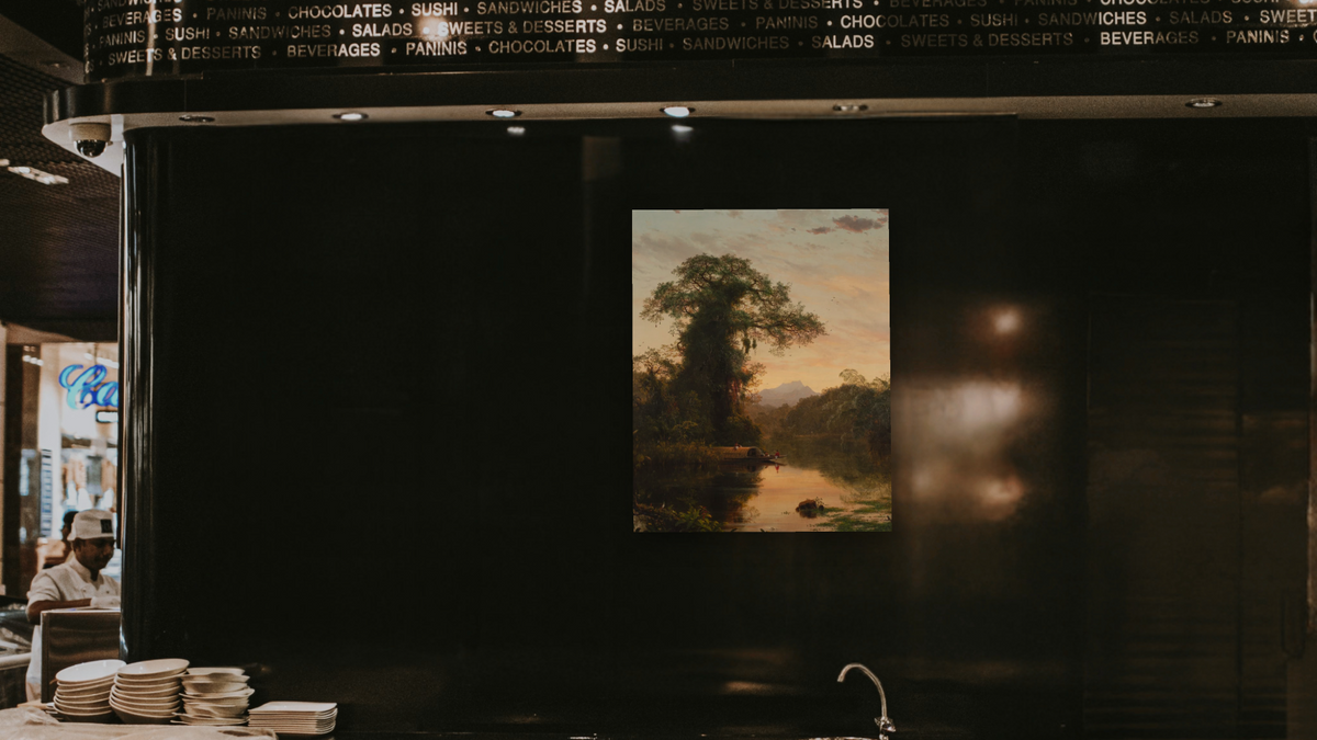 South American Landscape by Frederic Edwin Church, shown at 32 × 40 in (81.3 × 101.6 cm) as gallery-wrapped canvas, restaurant